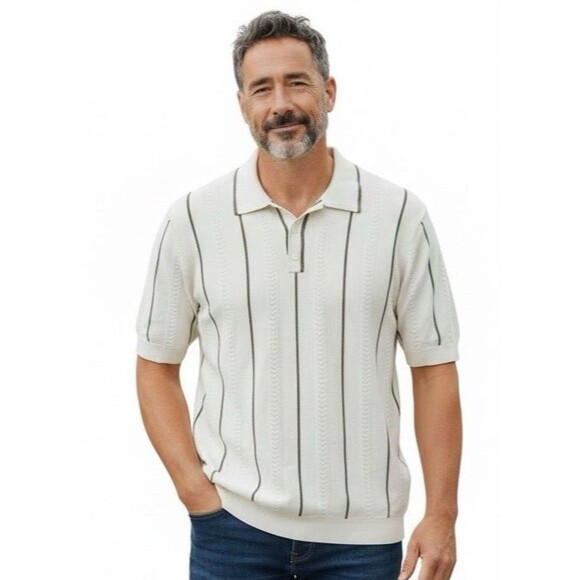 Claiborne Mens XL Short Sleeve Collared Sweater Polo Cream w/Green Stripes Golf